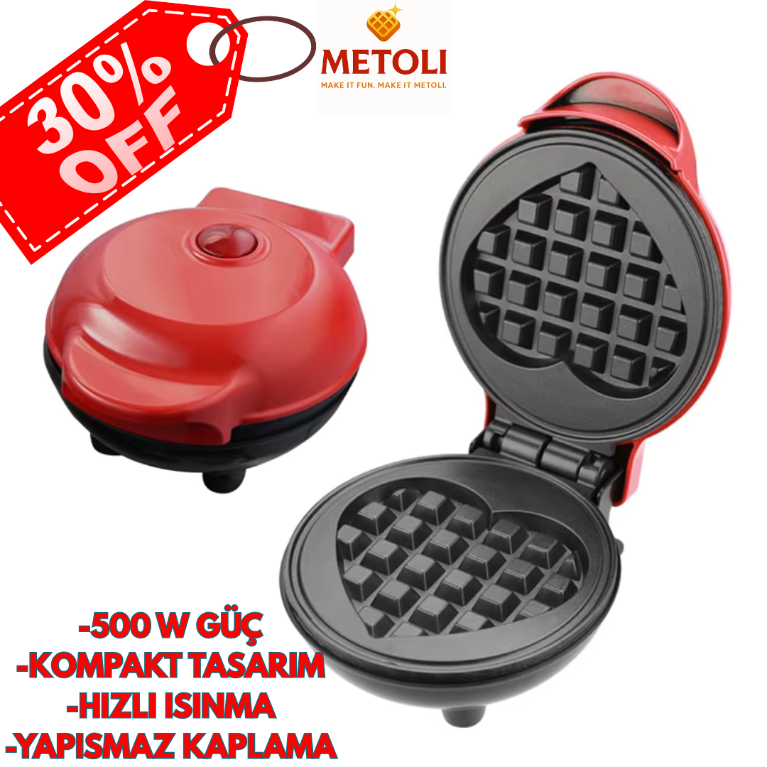 METOLİ Mini Waffle Makinesi – Kompakt, Yapışmaz, 500W