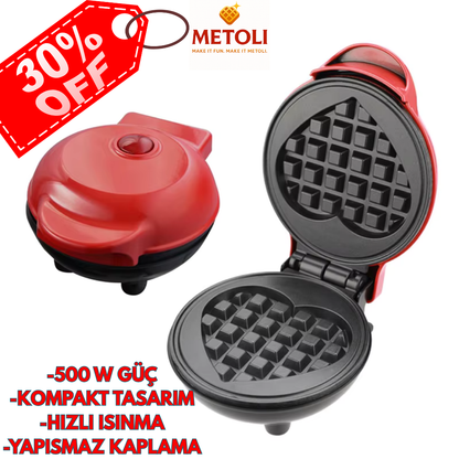 METOLİ Mini Waffle Makinesi – Kompakt, Yapışmaz, 500W